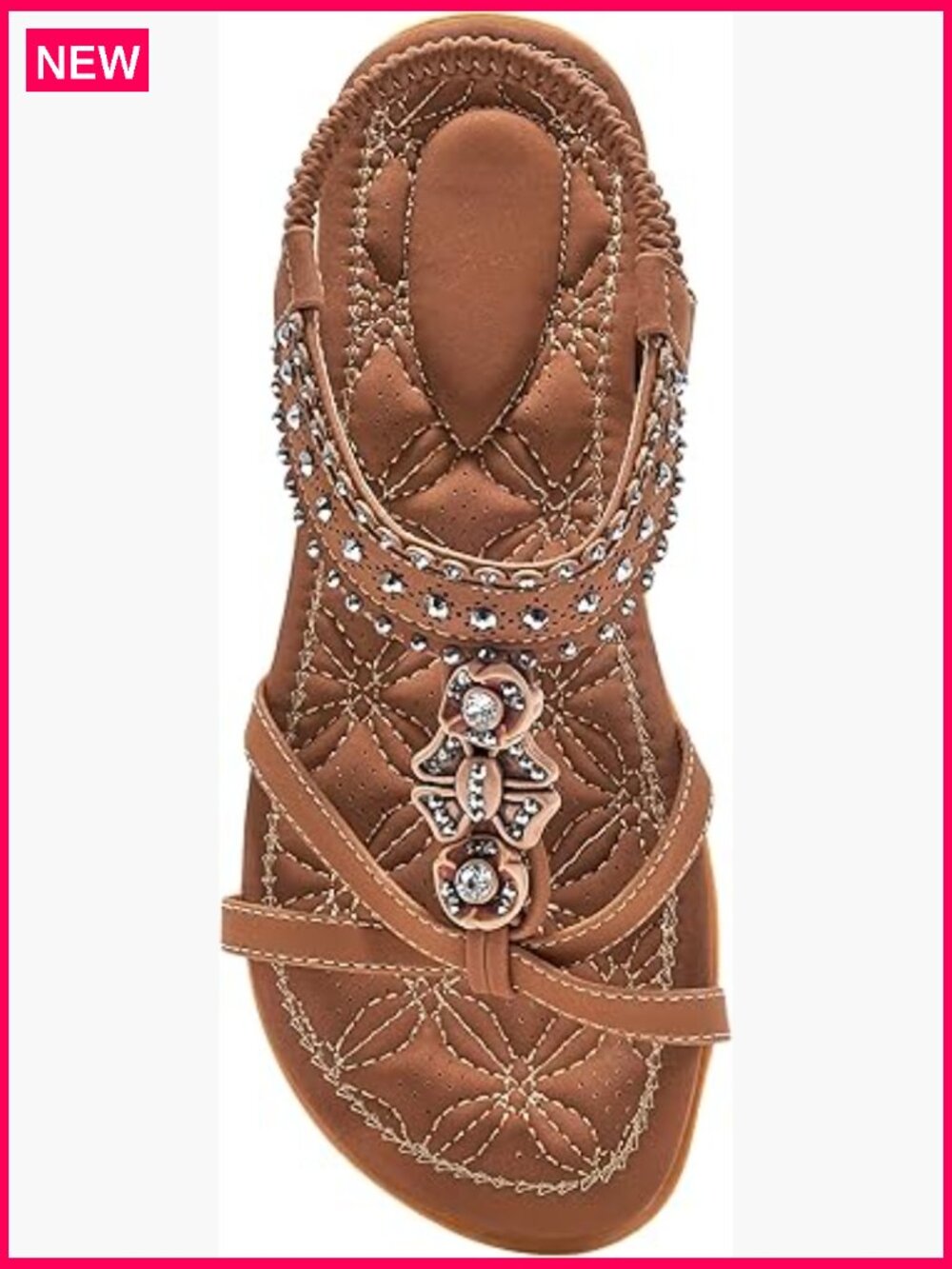 Leather Flat Sandals with Rhinestones, Slip-Resistant Rubber Sole, Elastic Band - Picture 1 of 7